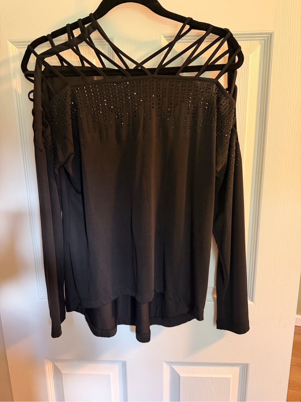 Buckle Black Strappy Cold-Shoulder Sweatshirt with Rhinestone Yoke